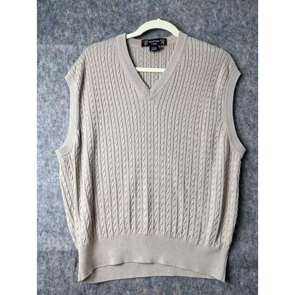 Monterey Club Sweater Vest Men's Large Beige Cable Knit Silk Sleeveless‎ V Neck